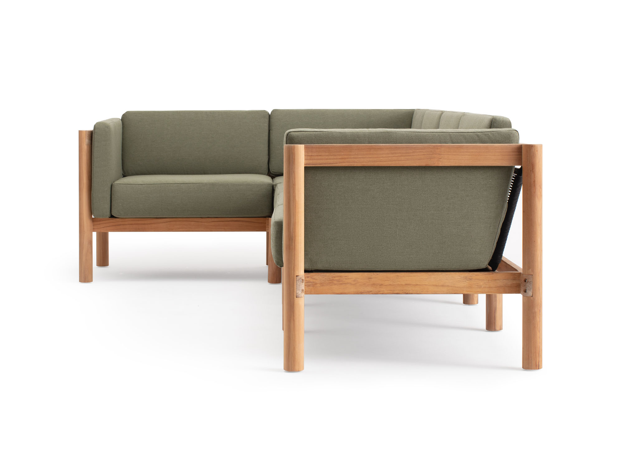 Side view of 5-piece outdoor sectional with green arm cushions